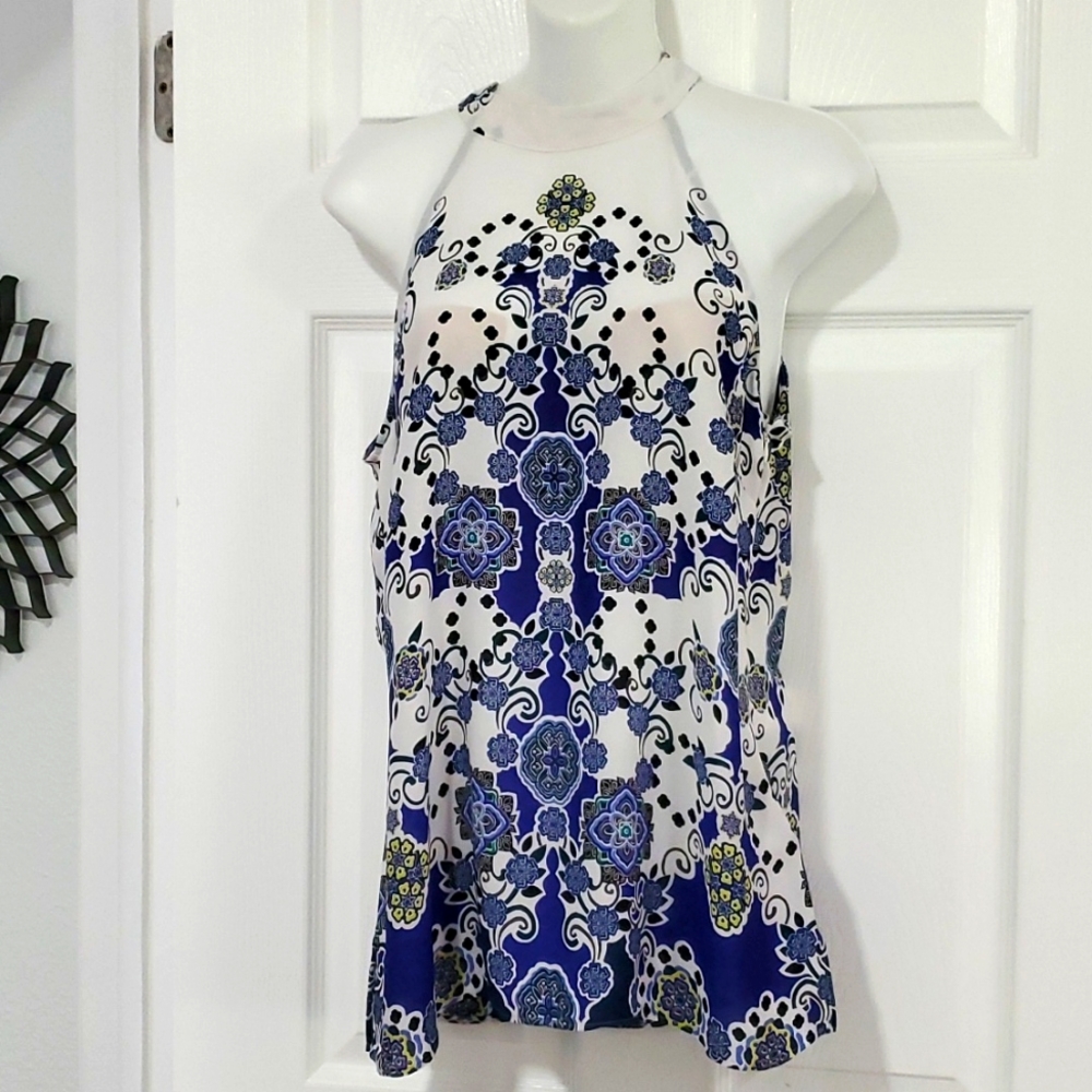 LAUNDRY BY SHELLI SEGAL MEDIUM RACERBACK FLORAL BLUE/WHITE TOP